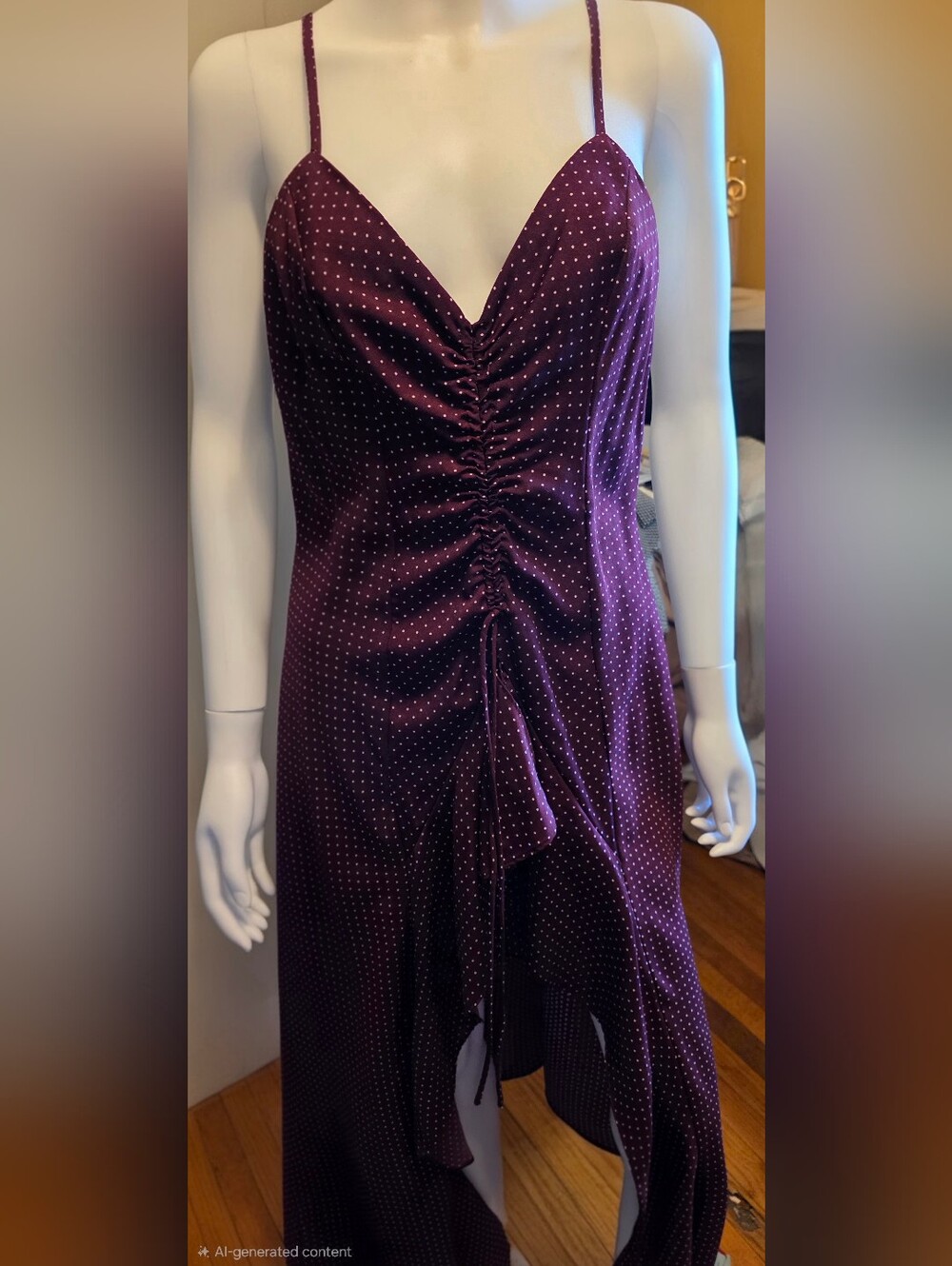 Ruched Polka Dot Midi Dress in Deep Plum
